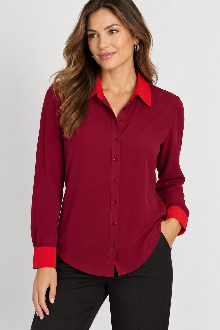 The Shirt Rochelle Behrens Colorblock Button Down Blouse M Red Burgundy NWT